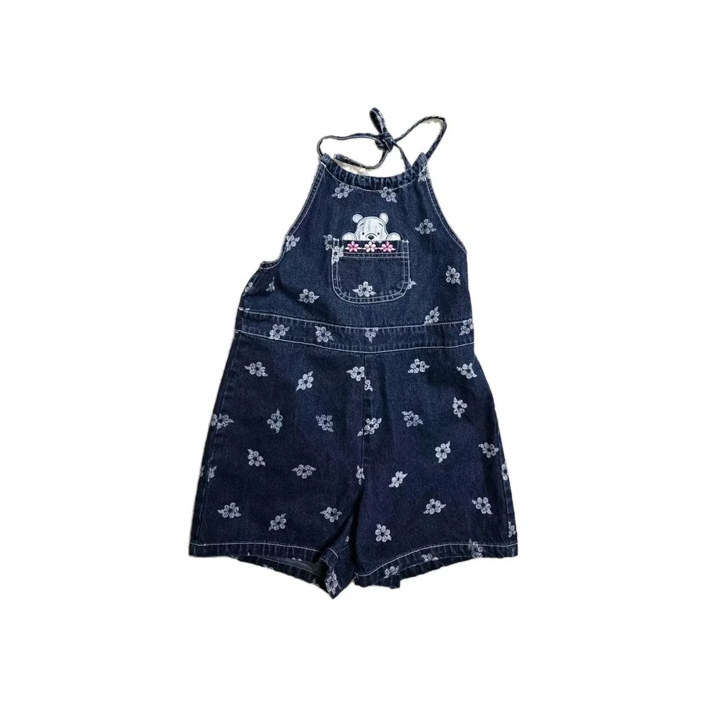 Winnie‎ The Pooh Vintage Girls Romper  10-12  Blue Denim Floral